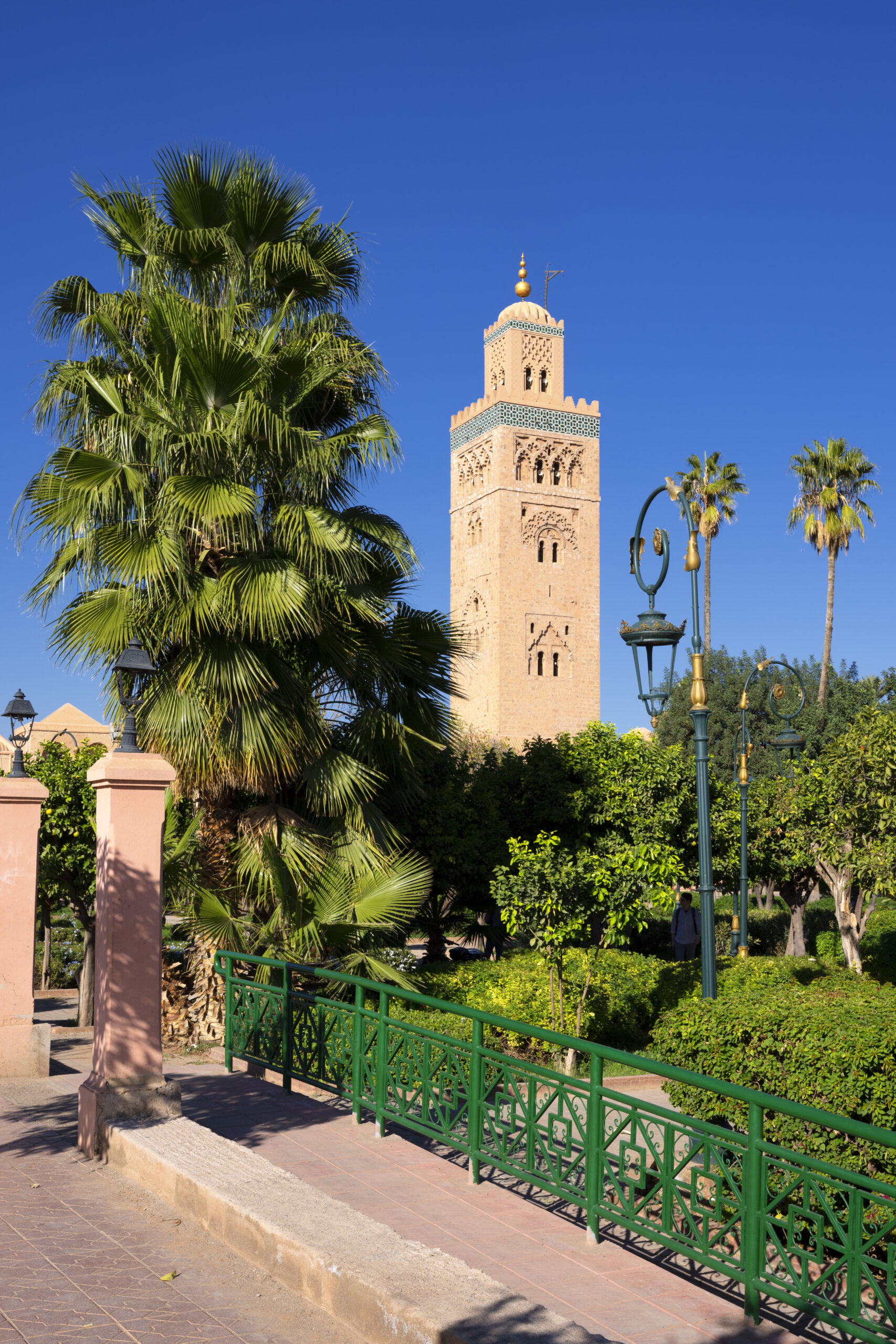 Vertical view of famous Koutoubia mosque with garden, Marrakech, Morocco.